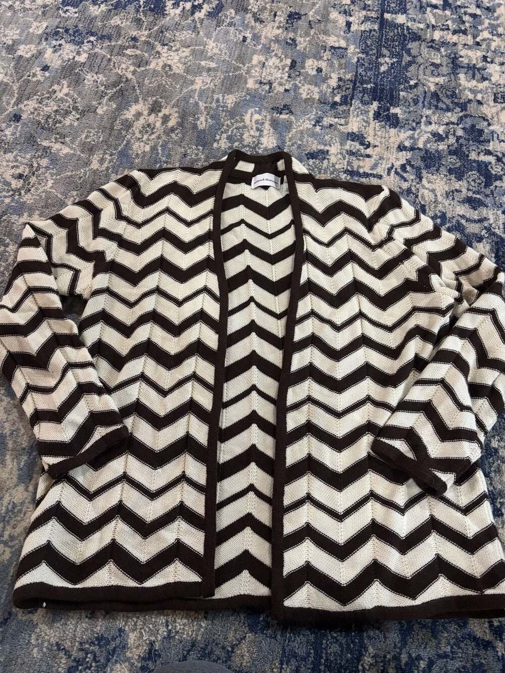 Alfred Dunner Cardigan Women Large Knit Wool Blend Zigzag Pattern Cream Brown -L